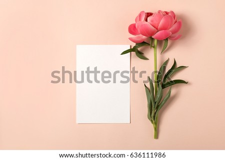 Styled feminine flat lay on pale pastel pink background, top view. Minimal woman's desktop with blank page mock up and peony flower, Creative concept, empty greeting card