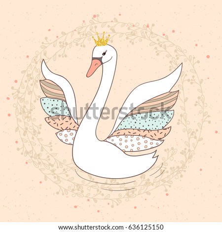Princess swan doodle vector illustration. 