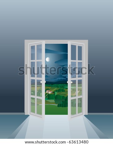 vector illustration of the empty room with opened french window, eps-10 file