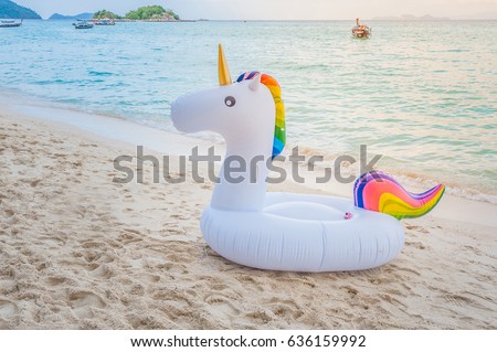 Unicorn swim tube on the beach, Koh Lipe, Satun, Thailand
Inflatable unicorn.
Fantasy Swim Ring for Summer Pool Trip
Beautiful white sand beach and sea. Royalty-Free Stock Photo #636159992