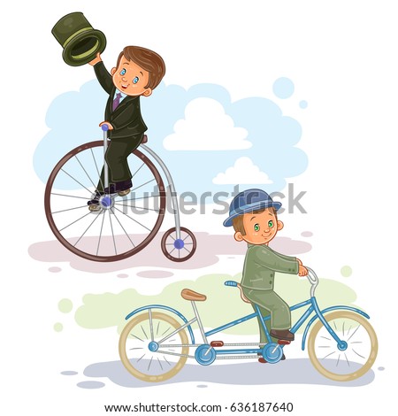 A set of illustrations of small children ride retro bikes