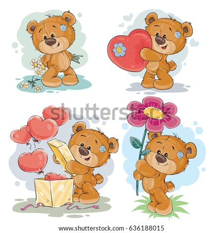 Set of clip art illustrations of enamored teddy bears in various poses - holding a bouquet of flowers, heart, unpacks the gift
