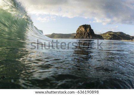 Piha Beach Wave/ A wave breaking with Piha Beach's iconic lion rock in the background 