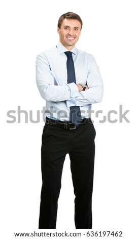 Full body portrait of happy smiling businessman with crossed arms, isolated on white background. Success in business, job and education concept shot.