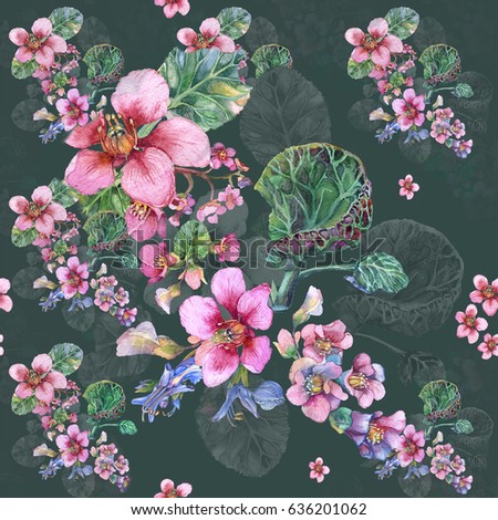 Floral  seamless pattern of pink and blue flowers on a green background.  Watercolor painting.