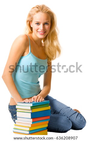 Young happy smiling woman with textbooks, isolated over white background. Education concept studio shoot.