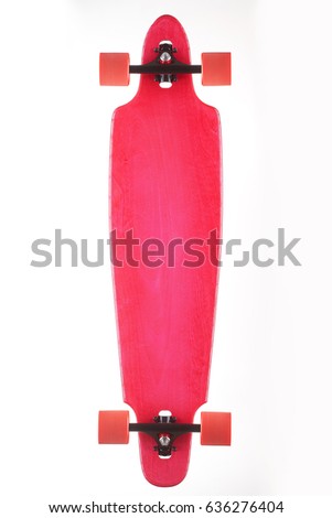 Photo of flat longboards isolated on white background. Flat colorful longboards. Longboard skateboard set isolated on a white background.