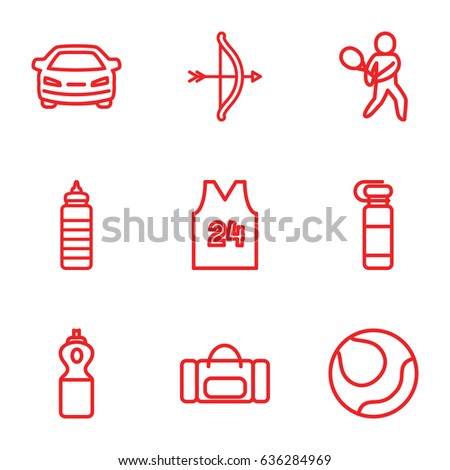 Sports icons set. set of 9 sports outline icons such as car, tennis playing, sport t shirt number 24, bottle for fitness, volleyball, fitness bottle, sport bag