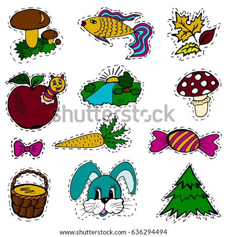 A set of fashion labels, badges. Mushrooms, mushroom, sweet, bow, fish, apple, caterpillar, carrots, autumn leaves, rabbit, pottle, fir