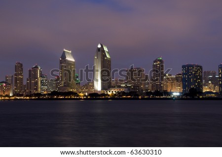 San Diego Skyline at Night with Clouds and Water.
