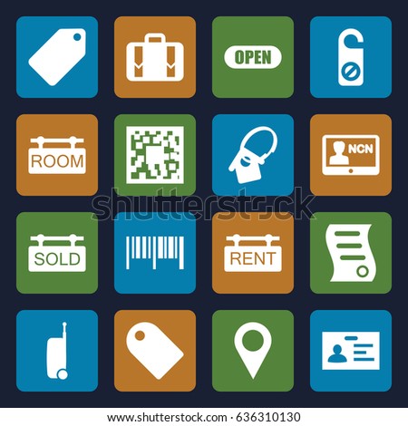 Tag icons set. set of 16 tag filled icons such as do not disturb, badge, luggage, bill of house sell, open, suitcase, location pin, barcode