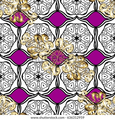 Traditional arabic decor on magenta background. Golden ornate illustration for wallpaper. Vintage design element in Eastern style. Ornamental lace tracery. Vector seamless pattern with floral ornament