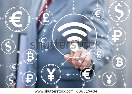 Financial technology trade market wireless communication connection business information concept, Businessman touched wifi icon on virtual screen. Fintech. Finance money network trading exchange.