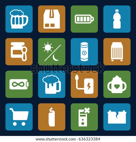 Full icons set. set of 16 full filled icons such as baby food, baby bottle, cleanser, beer mug, cargo container, baterry, battery, broken battery, bottle, sun and moon