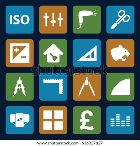 Geometric icons set. set of 16 geometric filled icons such as panther, triangle ruler, ruler, diaper, manicure scissors, hair dryer, compass, equalizer, light exposure, iso