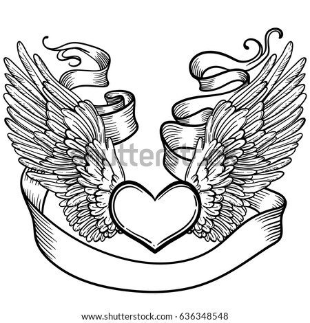 Line art illustration of angel wings, heart, tape. Vintage print for St. Valentine's Day. Sketch for tattoo, hipster t-shirt design, vintage style posters.