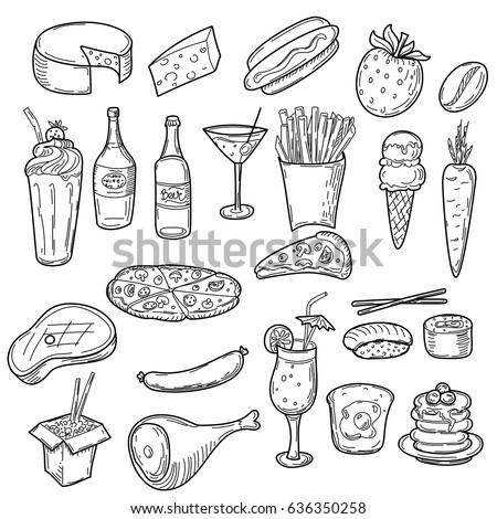Hand drawn food doodles, line art simple sketches isolated on white background. Food clip-art. Vector illustration.