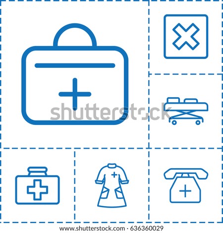 Cross icon. set of 6 cross outline icons such as first aid kit, medical phone, nurse gown, hospital stretch