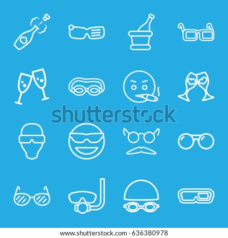 Glasses icons set. set of 16 glasses outline icons such as mustache and glasses, champagne, smoking emot