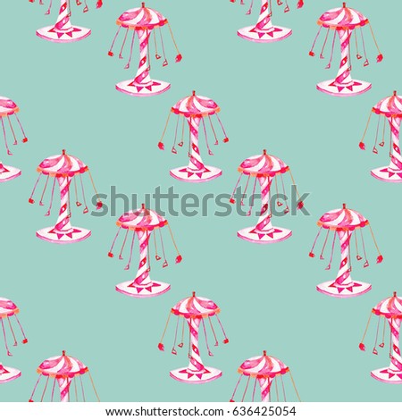 Seamless pattern with watercolor carousel from the amusement park, hand drawn isolated on a blue background