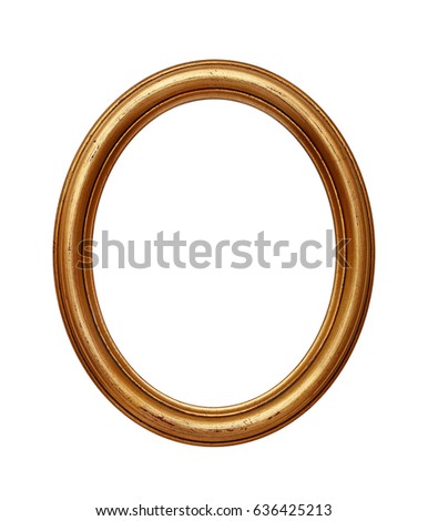 Vintage old wooden classic golden round oval frame for picture or photo, isolated on white background, close up