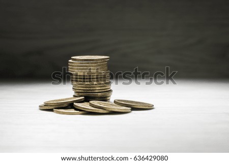 Gold coin stack wood white background. Bit coin banking money transfer business