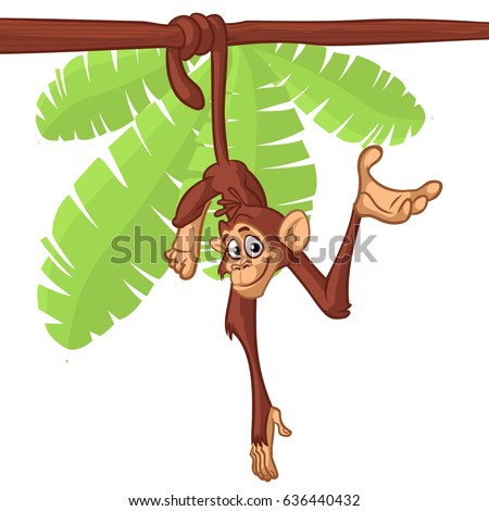 Cute Monkey Chimpanzee Hanging and Presenting On Wood Branch. Flat Bright Color Simplified Vector Illustration In Fun Cartoon Style Design