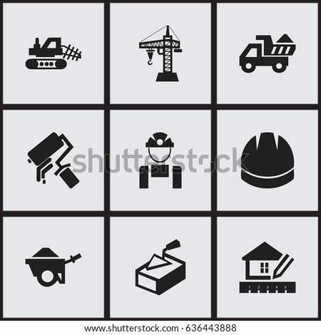 Set Of 9 Editable Building Icons. Includes Symbols Such As Mule, Spatula, Scrub And More. Can Be Used For Web, Mobile, UI And Infographic Design.