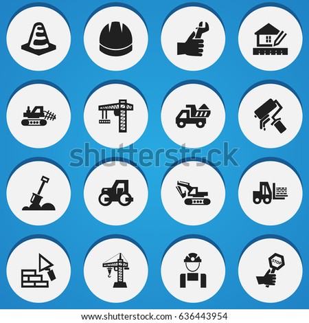Set Of 16 Editable Building Icons. Includes Symbols Such As Mule, Caterpillar, Home Scheduling And More. Can Be Used For Web, Mobile, UI And Infographic Design.