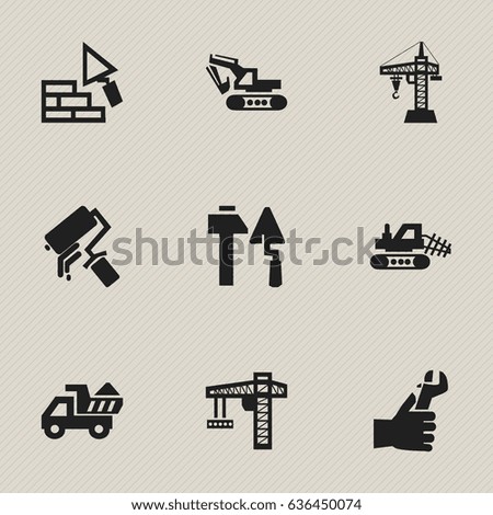 Set Of 9 Editable Structure Icons. Includes Symbols Such As Hands , Excavation Machine , Mule. Can Be Used For Web, Mobile, UI And Infographic Design.