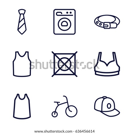 Clothes icons set. set of 9 clothes outline icons such as child bicycle, belt, no dry cleaning, sport bra, singlet, baseball cap, tie