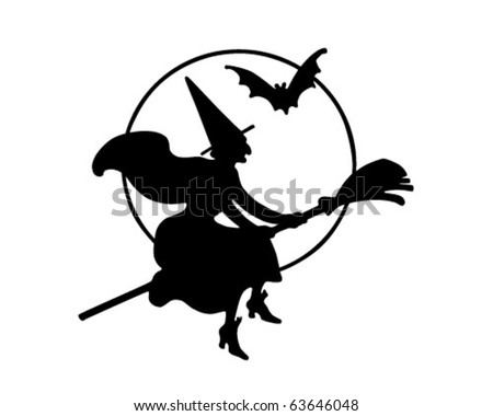 Flying Witch Silhouette - Retro Clipart Illustration