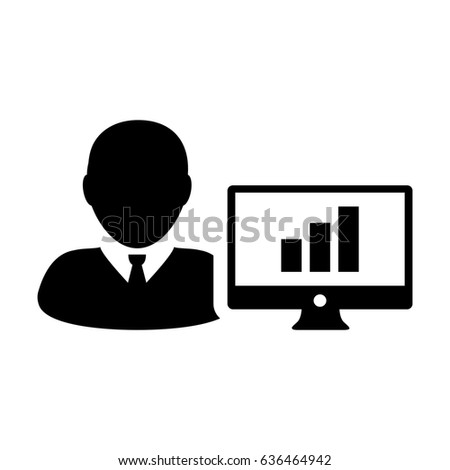 Business Analyst Icon - Man User with Computer Monitor with Business Growth Statistics by Bar Graph Data Chart in Glyph Pictogram Symbol illustration