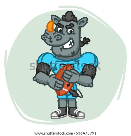 Rhino Football Player Angry Holds Ball. Vector Illustration. Mascot Character.