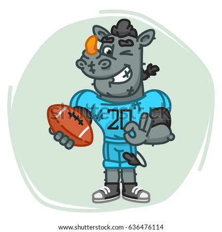 Rhino Football Player Holds Ball and Shows Ok. Vector Illustration. Mascot Character.