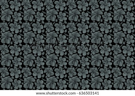 Pattern for summer fashion, interior, wallpaper. Seamless raster tropical design with hibiscus on a black background in neutral colors. Exotic flowers in allover composition.