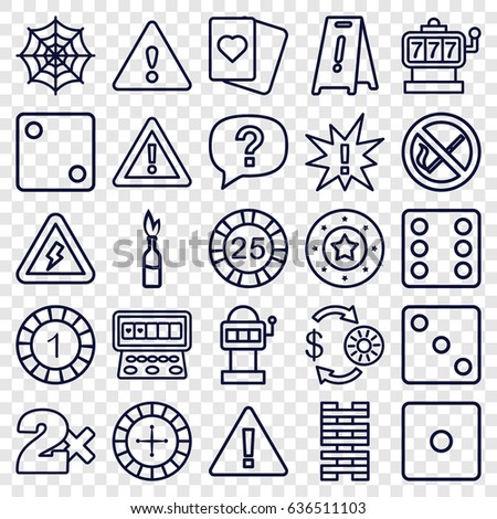 Risk icons set. set of 25 risk outline icons such as roulette, slot machine, casino chip and money, 1 casino chip, dice, spades, spider web, wet floor, warning