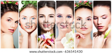 Beautiful Women with Flowers. Perfect Face. Fashion Makeup, Flowers and Flower Wreath, Set