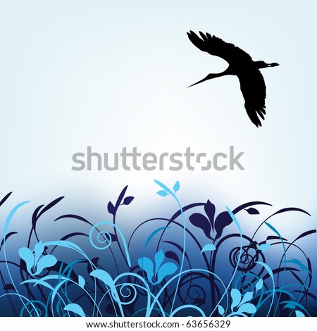 Single stork under flowers and grass. Vector illustration