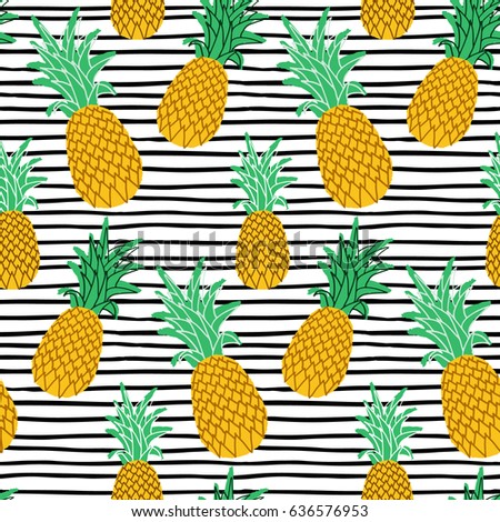 Seamless pattern with pineapple in yellow and green on stripe background. Modern style