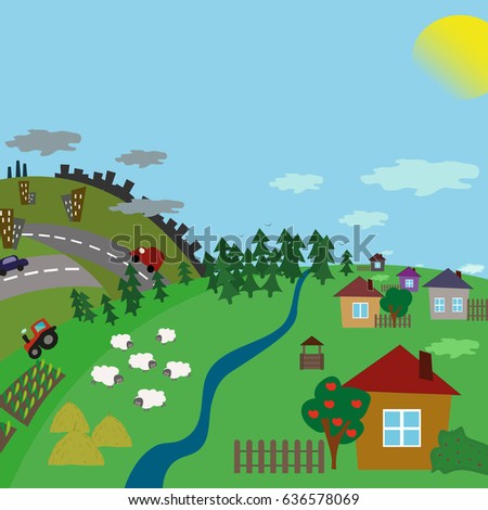 Urban and village landscape. Road from the city to the countryside. Vector flat illustration