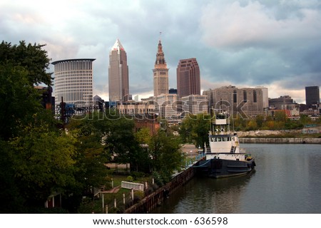 Skyline of Cleveland, Ohio with Boat on the Cuyahoga River