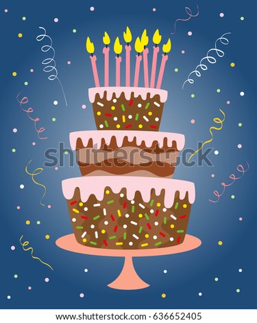 Big cake with candles with confetti on the blue background. Vector illustration.