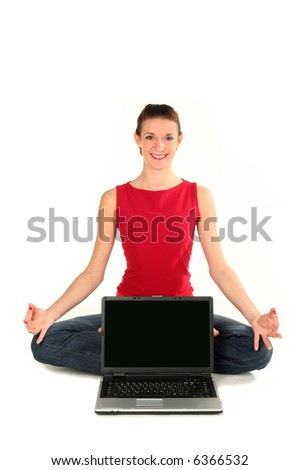 Woman with laptop doing yoga