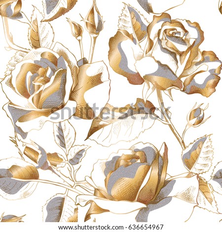 Seamless pattern with gold Rose flowers, leaves and buds on a white background. Vector illustration.