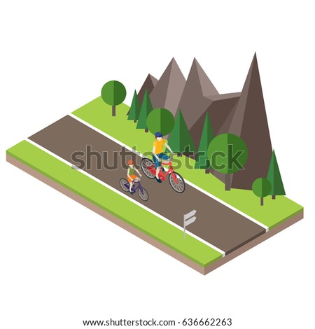 Isometric countryside. Summer road. Woman and man cycling on countryside summer sunny road or highway