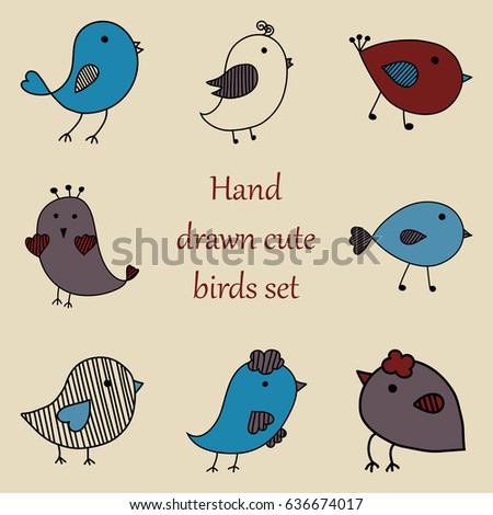 Hand drawn cute cartoon birds. Vector set