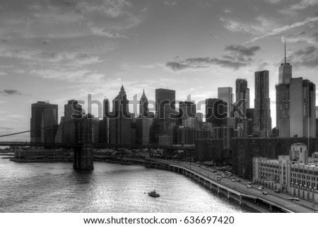 NYC black and white skyline view of downtown Manhattan skyscrapers in New York City