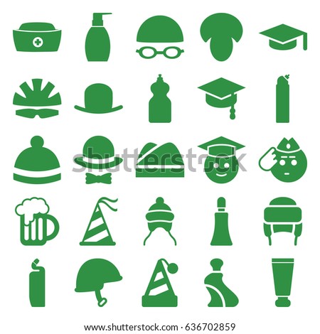 Cap icons set. set of 25 cap filled icons such as mushroom, baby cap, cream tube, hat, bottle soap, cleanser, winter hat, graduate emoji, soldier emot, helmet, beer mug