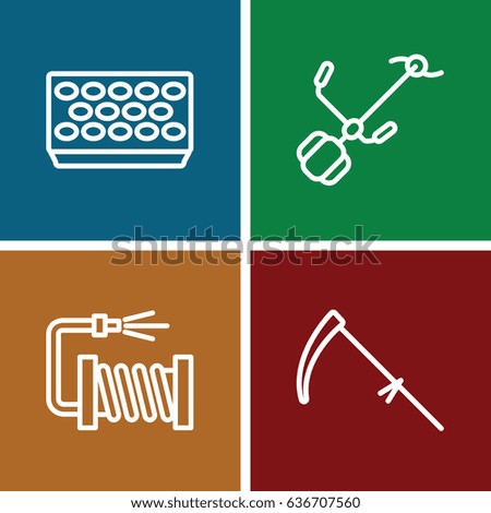 Garden icons set. set of 4 garden outline icons such as scythe, gardening tool, water hose
